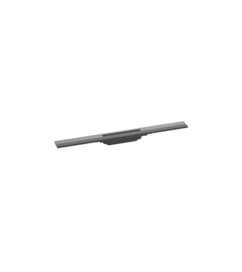 Hansgrohe Duschrinne in Brushed Black Chrome, flaches, lineares Design zur Wasserableitung, kürzbar, mit zentraler Deckelöffnung. Leicht zu integrieren in Duschbereichen.